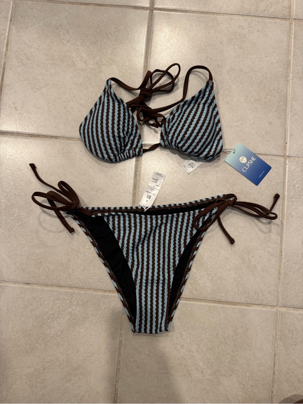 Cupshe Blue & Brown Striped Textured Tie-Side Bikini S